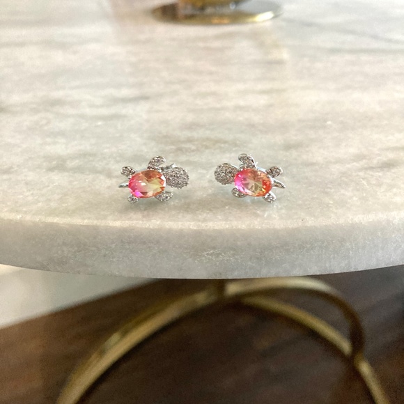Rainbow Zircon Stone Pink Yellow Turtle Silver Earrings - Picture 3 of 4